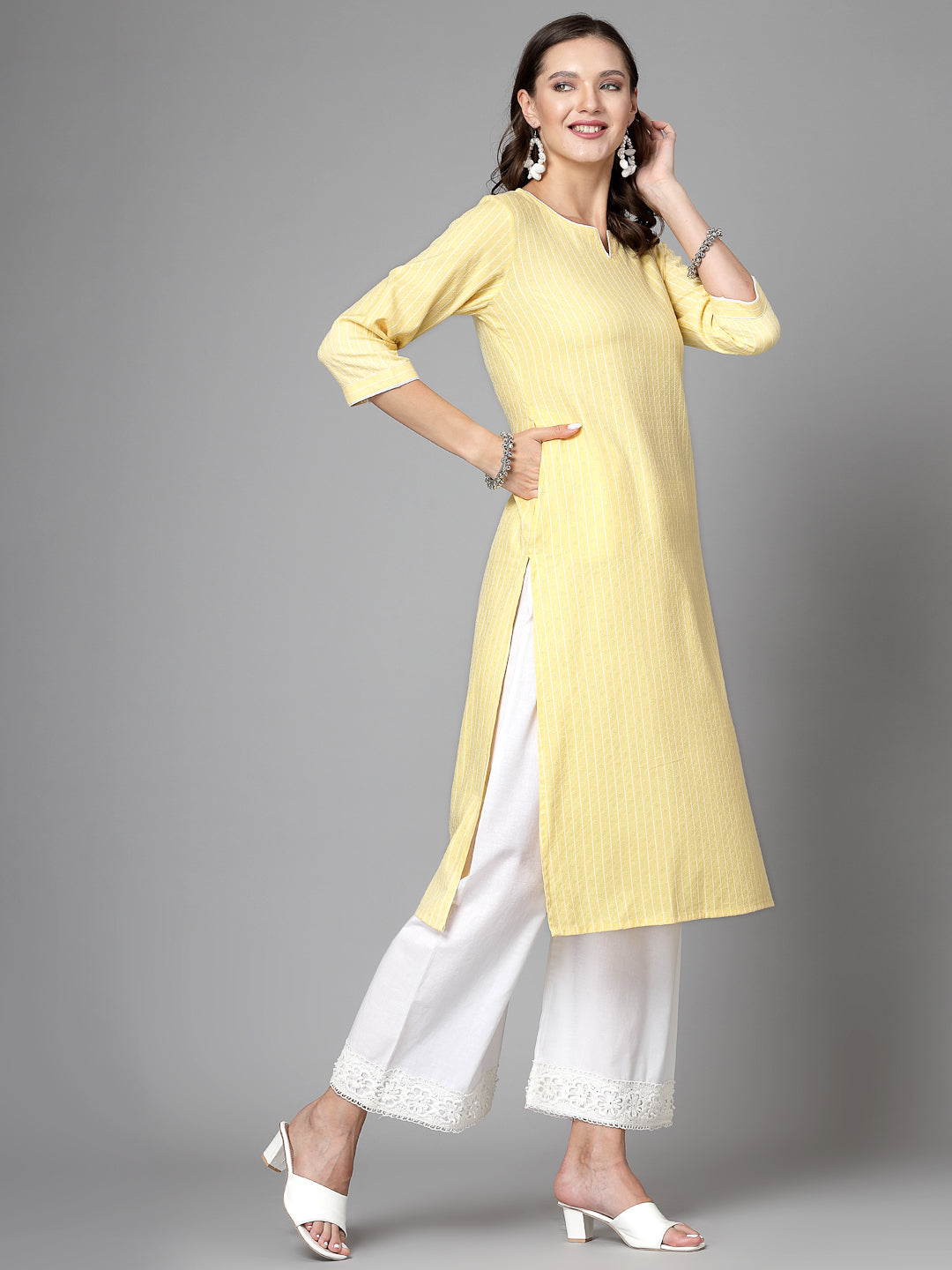 Women Yellow Striped Yarn-Dyed Kurta - Kashyap Global Lifestyles LLP