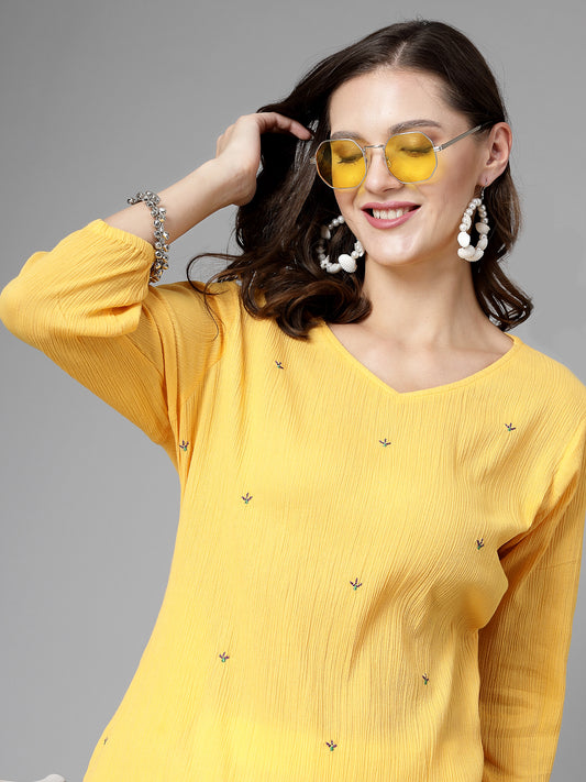 Women Mustard Kurta With Embroidered Front - Kashyap Global Lifestyles LLP