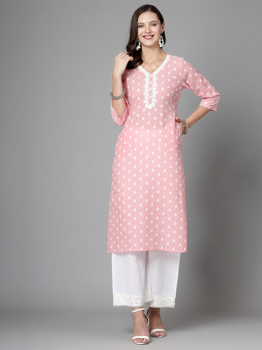 Women Baby Pink Cotton Dobby Kurta With Lace - Kashyap Global Lifestyles LLP