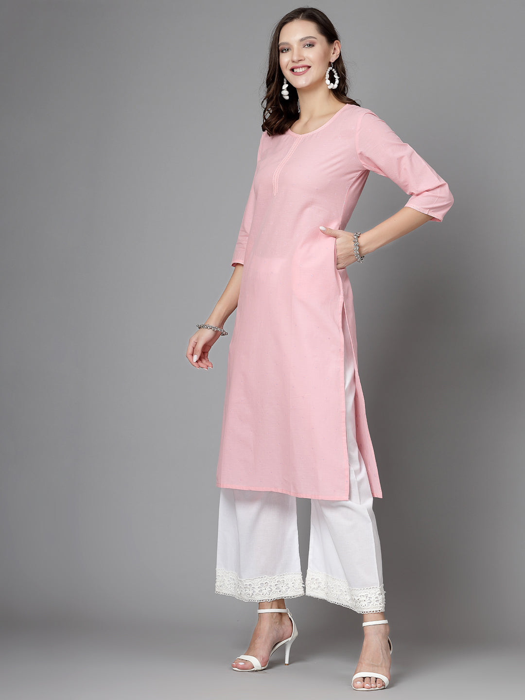 Women Pink Swiss-Dot Kurta With Lace - Kashyap Global Lifestyles LLP