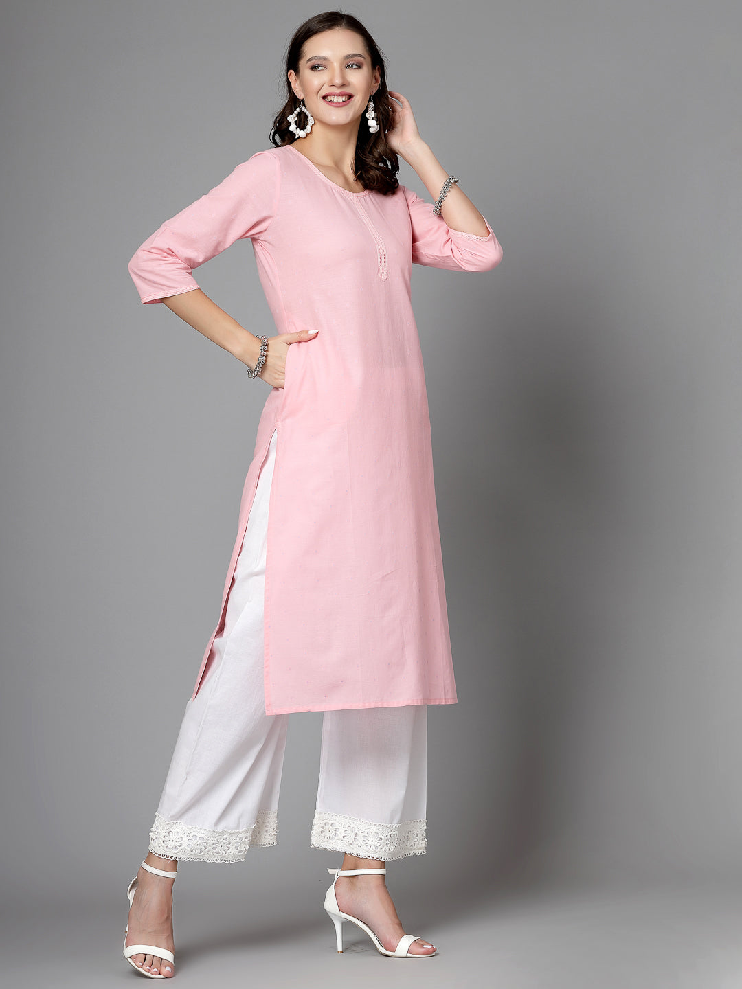 Women Pink Swiss-Dot Kurta With Lace - Kashyap Global Lifestyles LLP