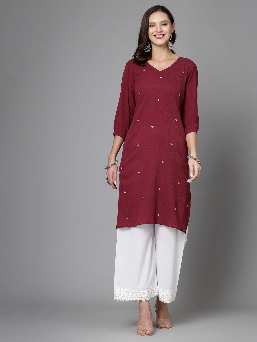 Women Maroon Kurta With Embroidered Front - Kashyap Global Lifestyles LLP