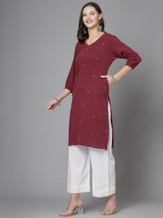 Women Maroon Kurta With Embroidered Front - Kashyap Global Lifestyles LLP