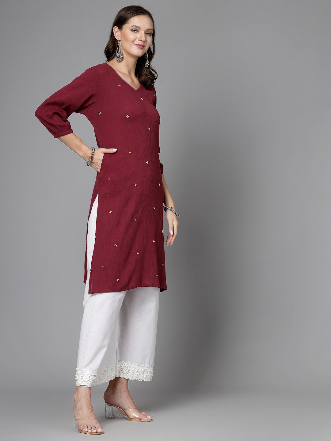 Women Maroon Kurta With Embroidered Front - Kashyap Global Lifestyles LLP