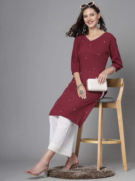 Women Maroon Kurta With Embroidered Front - Kashyap Global Lifestyles LLP