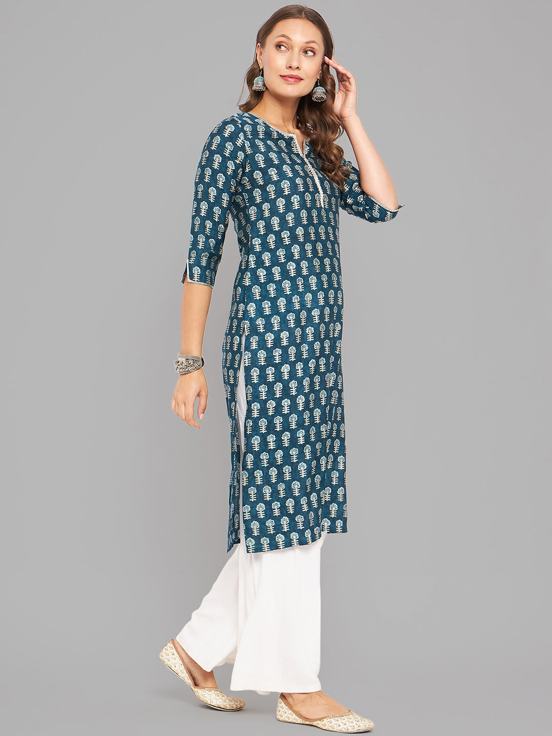 Women Blue Printed Kurta With Lace - Kashyap Global Lifestyles LLP