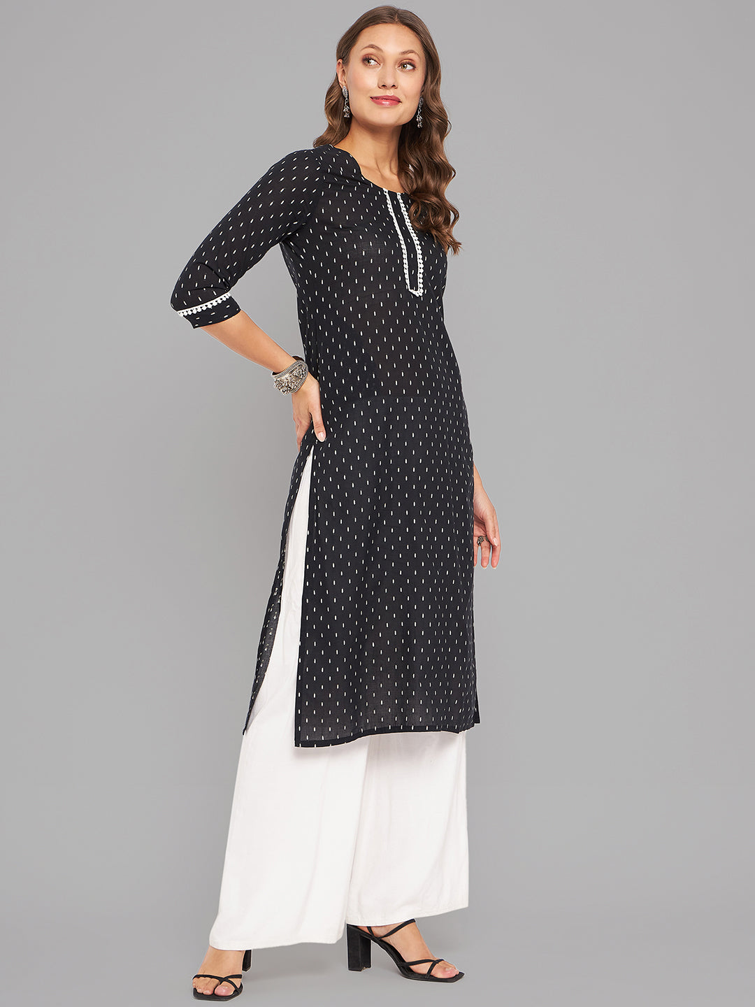 Women Black Woven Design Kurta With Lace - Kashyap Global Lifestyles LLP