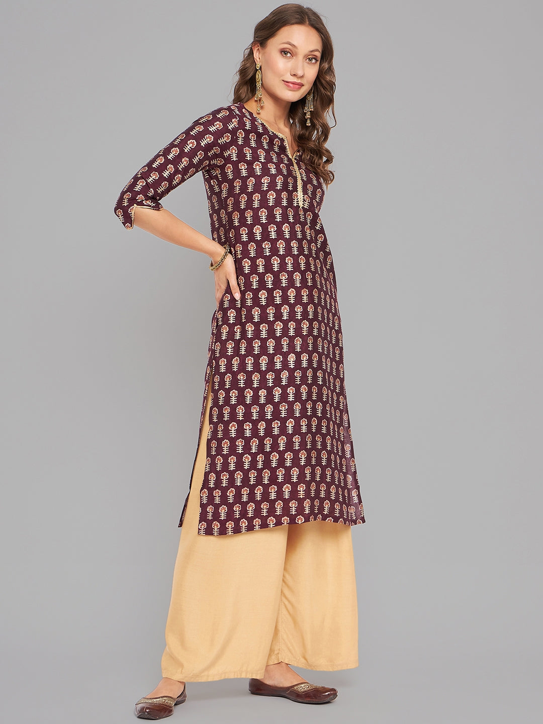 Women Purple Printed Kurta With Lace - Kashyap Global Lifestyles LLP