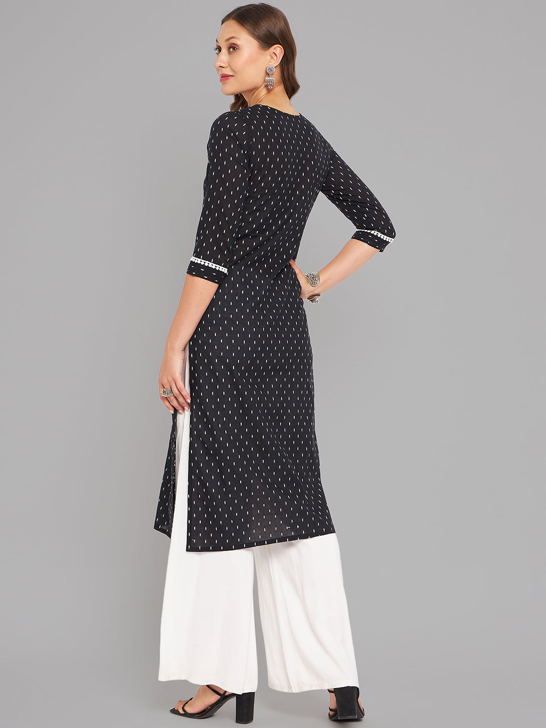 Women Black Woven Design Kurta With Lace - Kashyap Global Lifestyles LLP