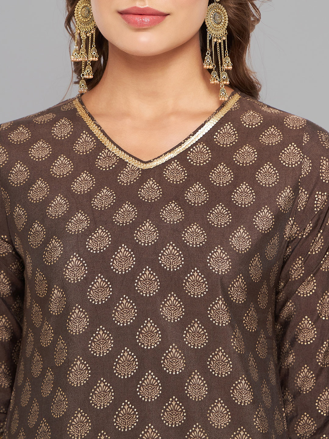 Women Brown Ethnic Motifs Printed Sequinned Kurta - Kashyap Global Lifestyles LLP