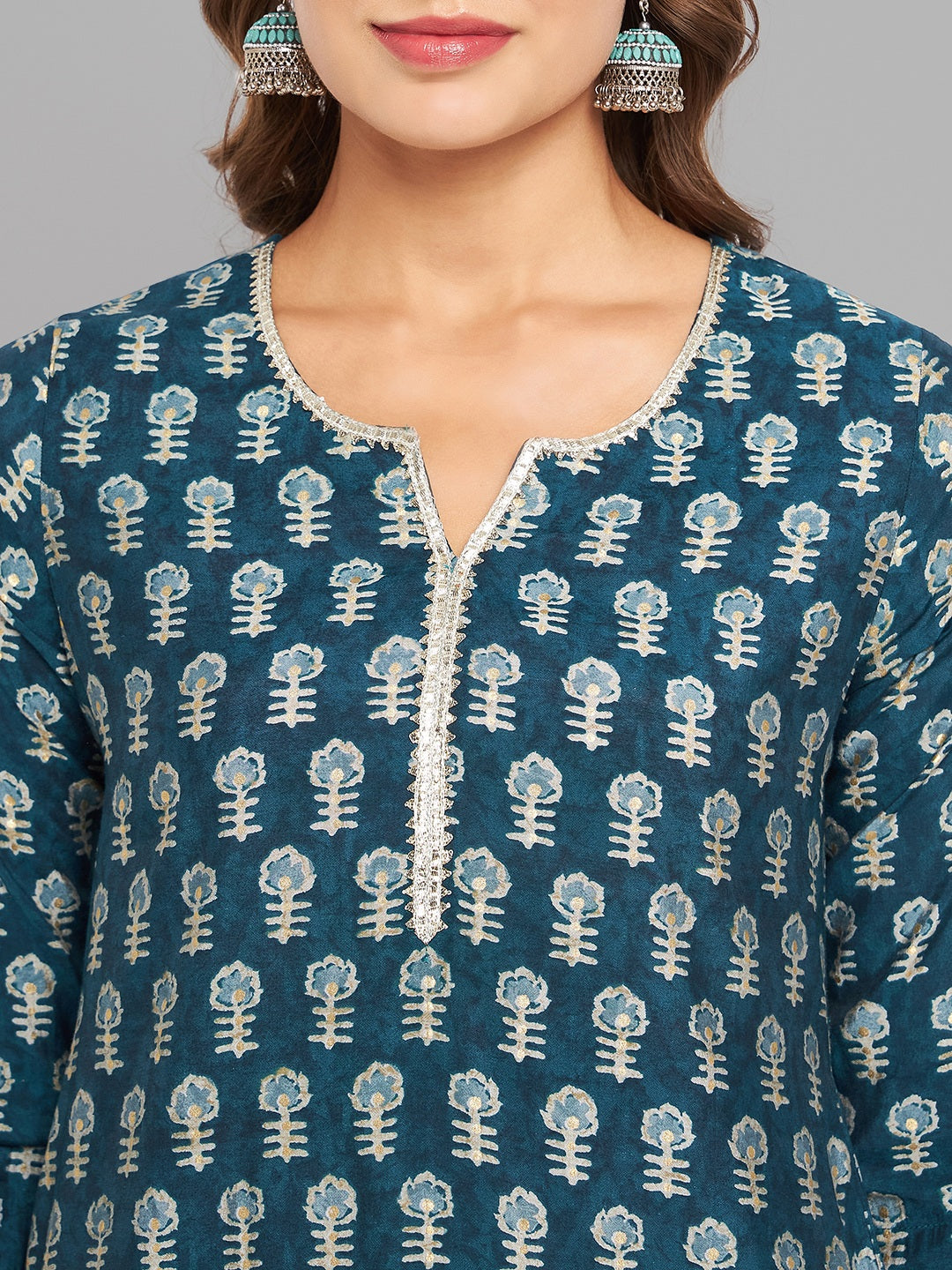 Women Blue Printed Kurta With Lace - Kashyap Global Lifestyles LLP