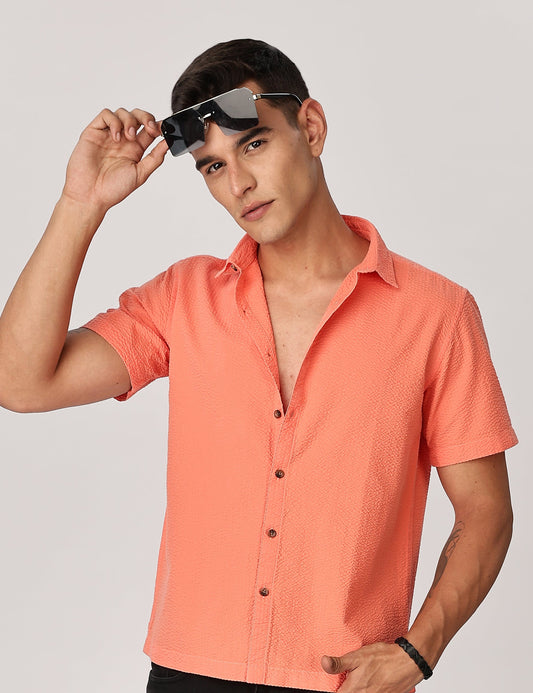 Uri Men Fluorescent Orange Seersucker Shirt