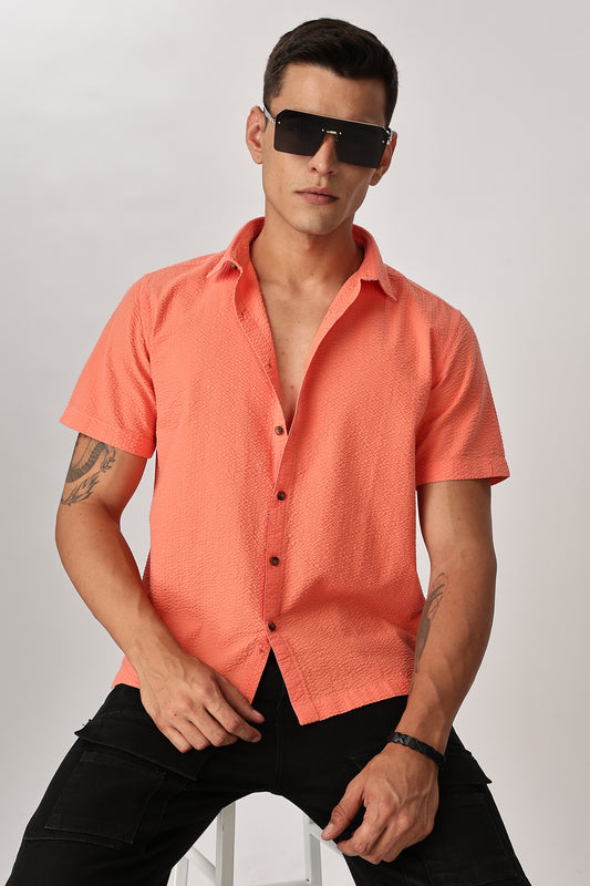 Uri Men Fluorescent Orange Seersucker Shirt