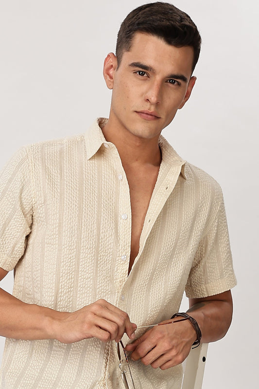 Uri Men Beige Seersucker Shirt