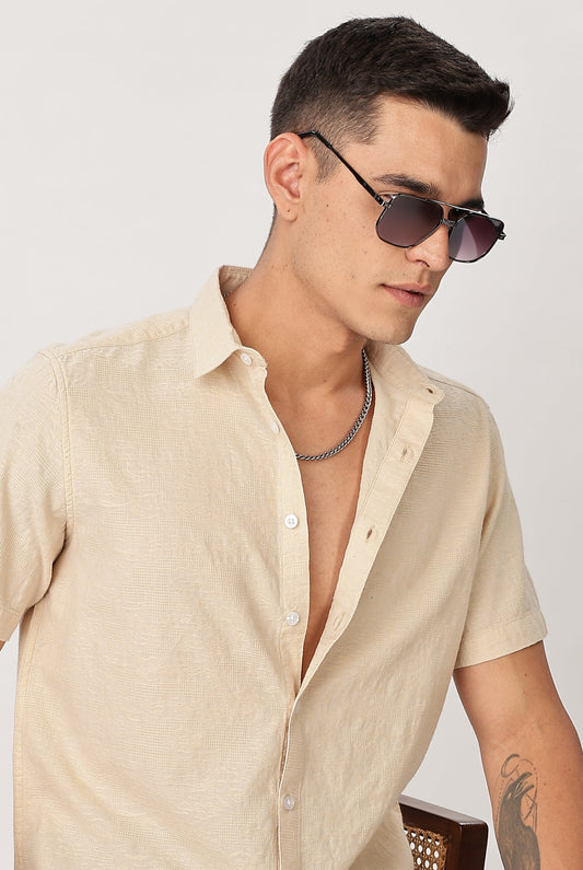 Uri Men Beige Textured Jacquard Shirt