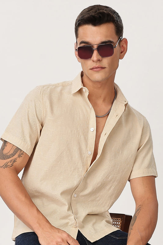 Uri Men Beige Textured Jacquard Shirt