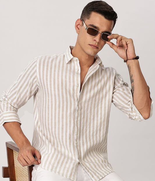 Uri Men Sand Striped Linen Blend Shirt