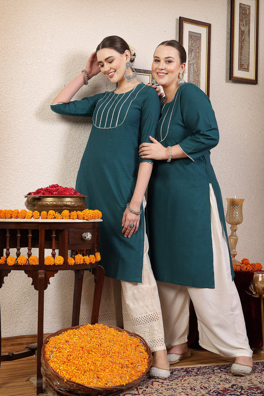 Women Dark Green Festive Kurta With Lace