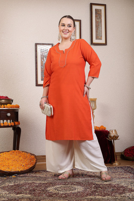 Women Plus Size Orange Festive Kurta With Lace