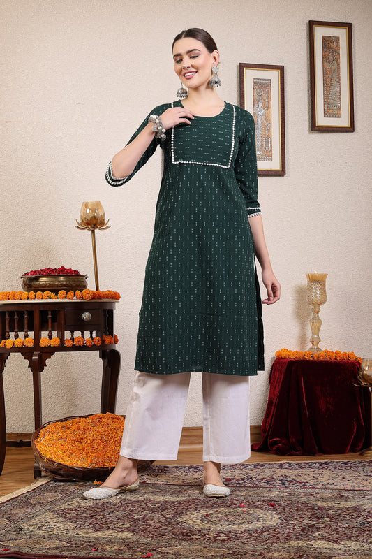 Women Dark Green Cotton Dobby Kurta