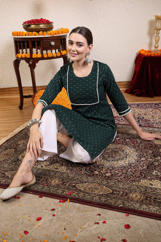 Women Dark Green Cotton Dobby Kurta