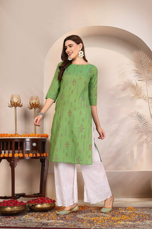 Women Green Cotton Printed Kurta