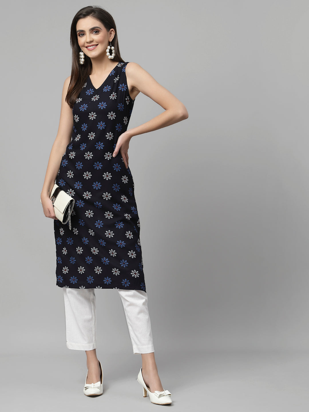 Women Navy Printed Sleeveless Kurta - Kashyap Global Lifestyles LLP