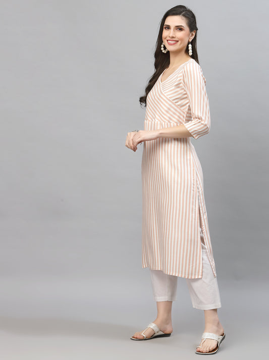 Women Peach & White Striped Angrakha Kurta - Kashyap Global Lifestyles LLP