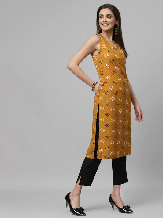 Women Mustard Printed Sleeveless Kurta - Kashyap Global Lifestyles LLP