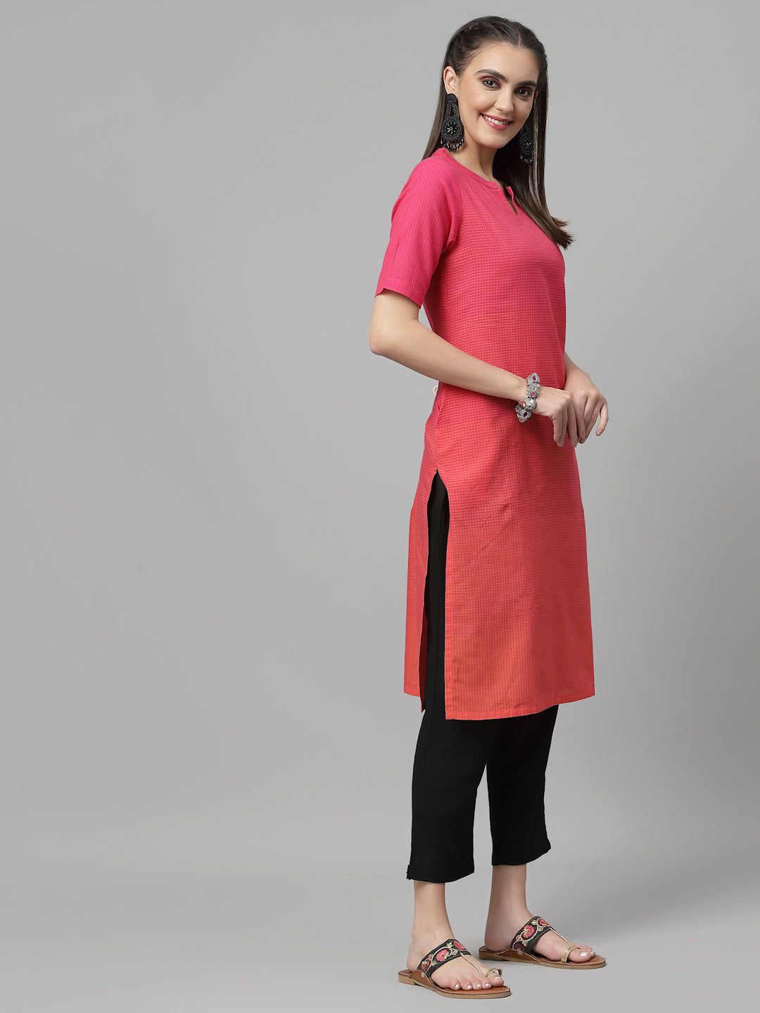 Women Rose & Orange Checkered Kurta - Kashyap Global Lifestyles LLP