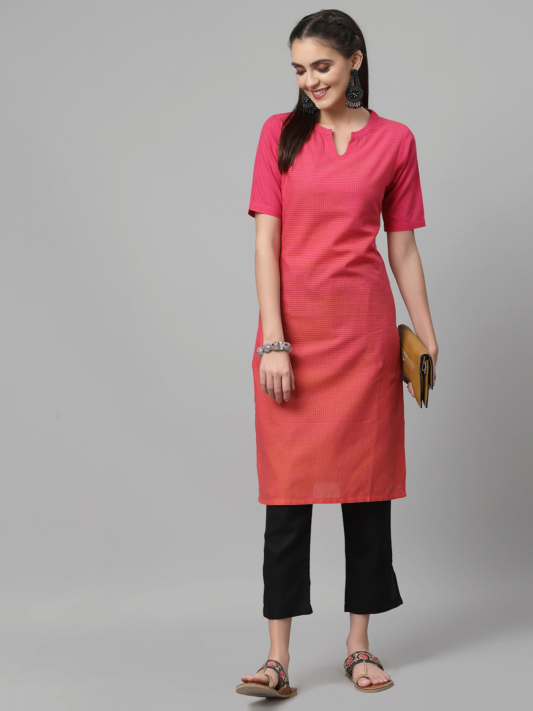 Women Rose & Orange Checkered Kurta - Kashyap Global Lifestyles LLP