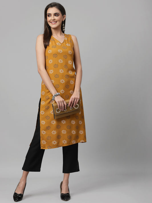 Women Mustard Printed Sleeveless Kurta - Kashyap Global Lifestyles LLP
