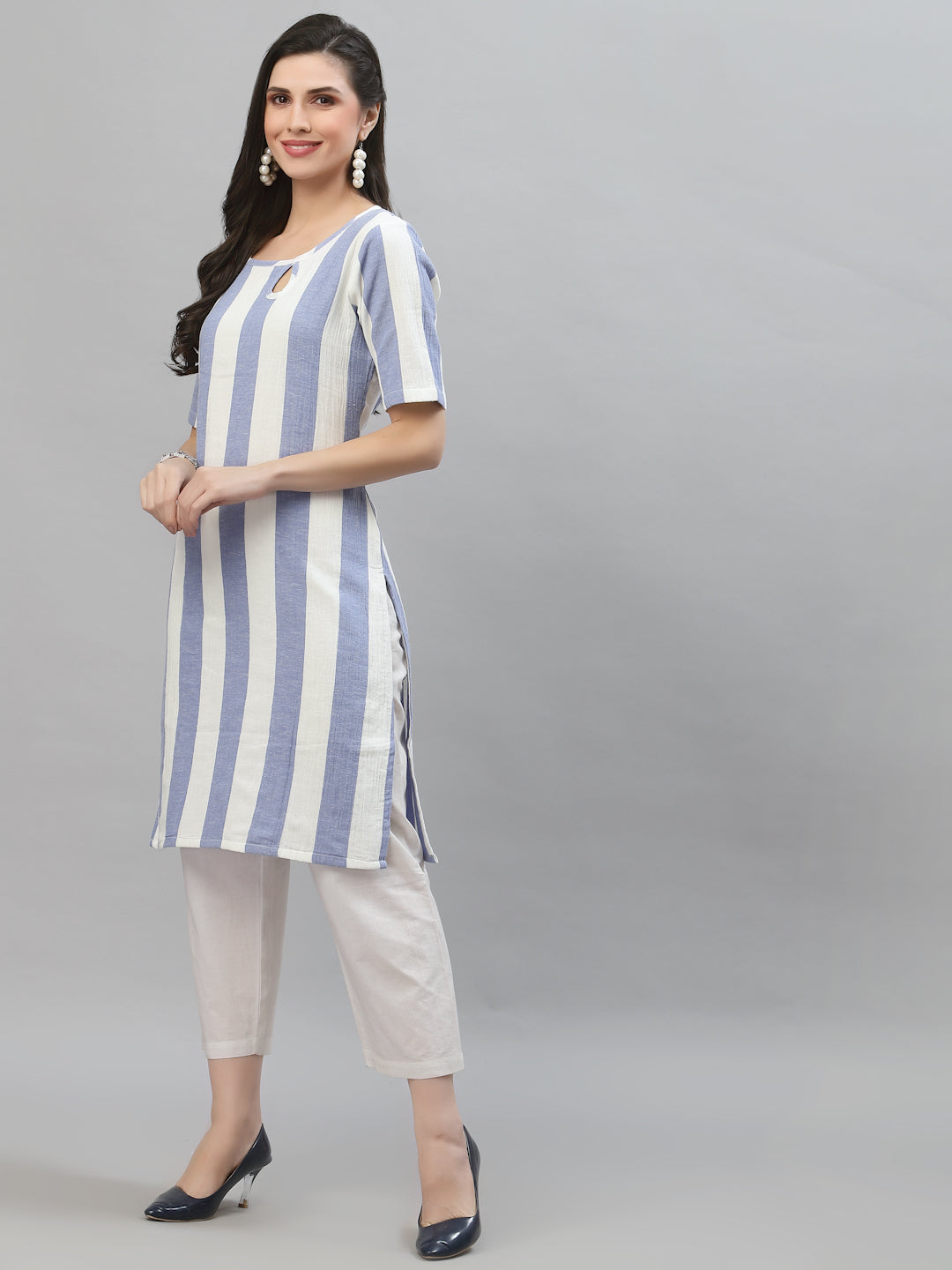 Women Striped Keyhole Neck Straight Kurta - Kashyap Global Lifestyles LLP