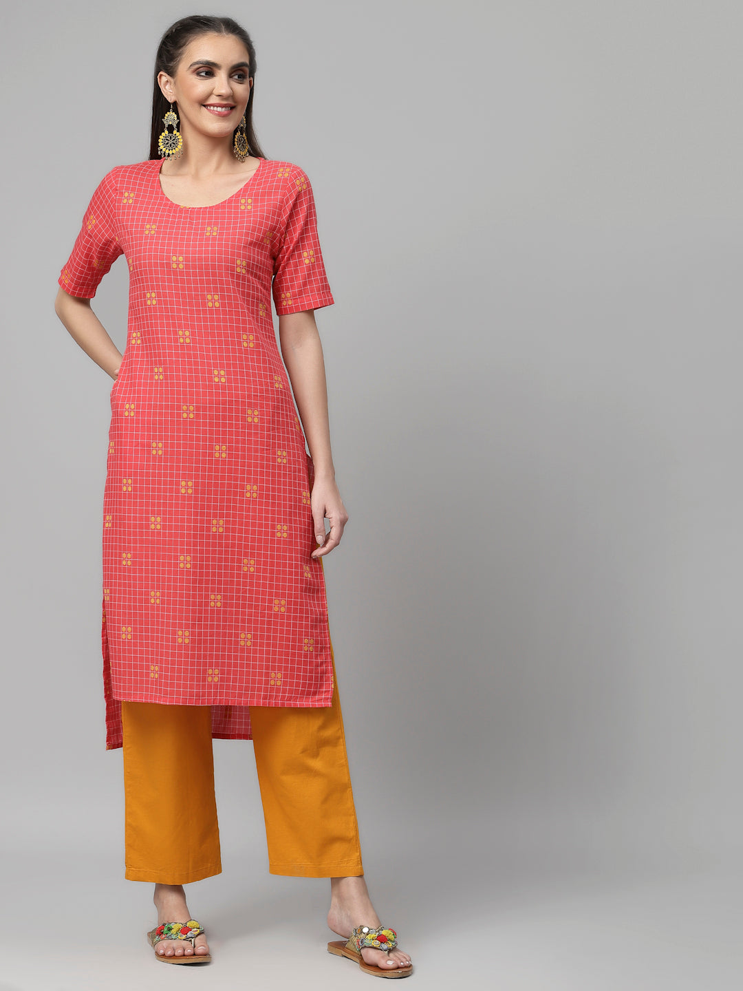 Women Rose Woven Design Checked High-Low Cotton Kurta - Kashyap Global Lifestyles LLP