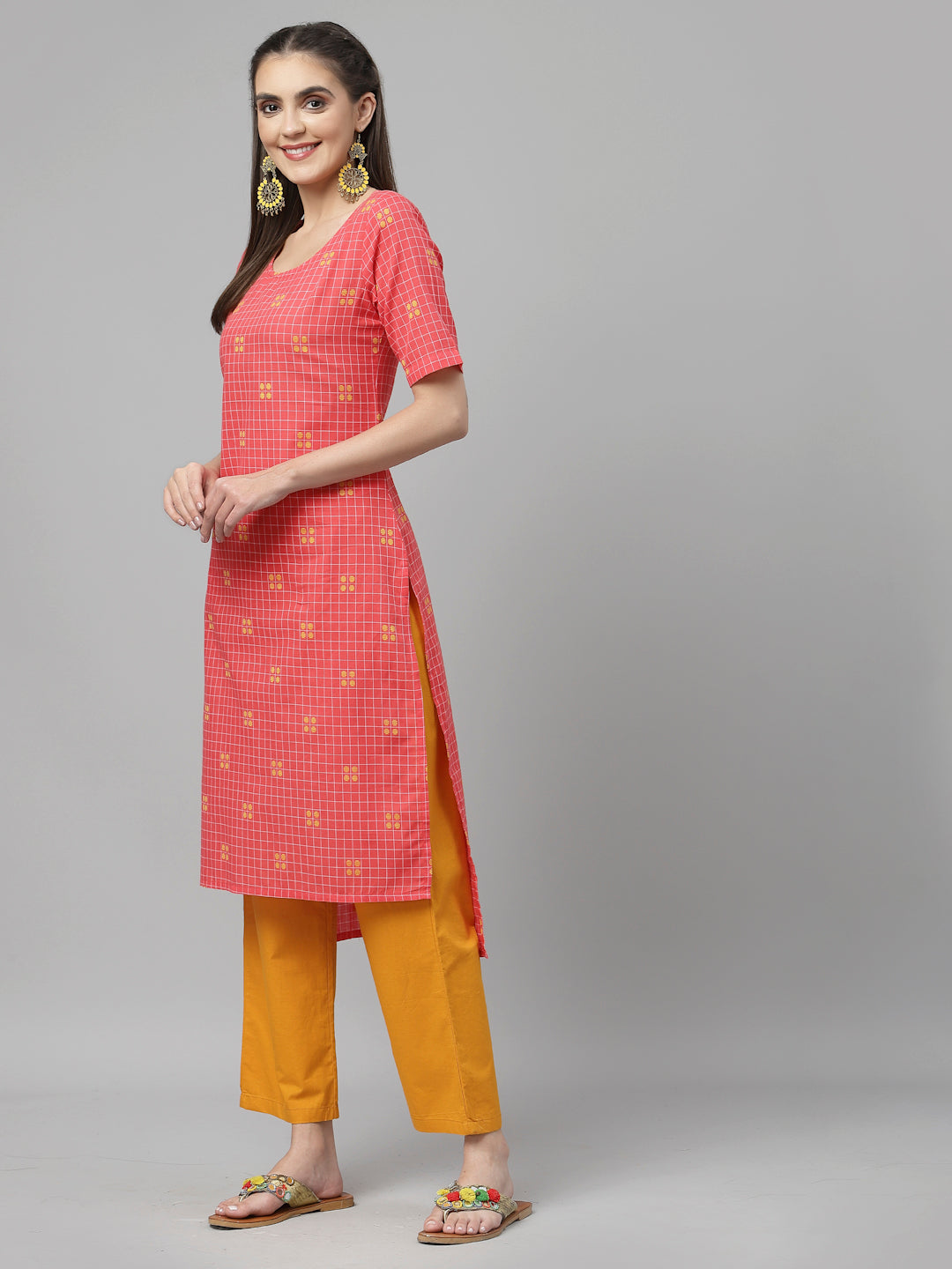 Women Rose Woven Design Checked High-Low Cotton Kurta - Kashyap Global Lifestyles LLP