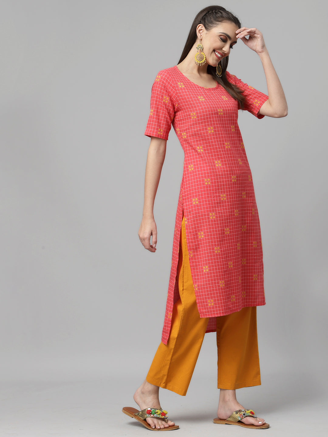 Women Rose Woven Design Checked High-Low Cotton Kurta - Kashyap Global Lifestyles LLP