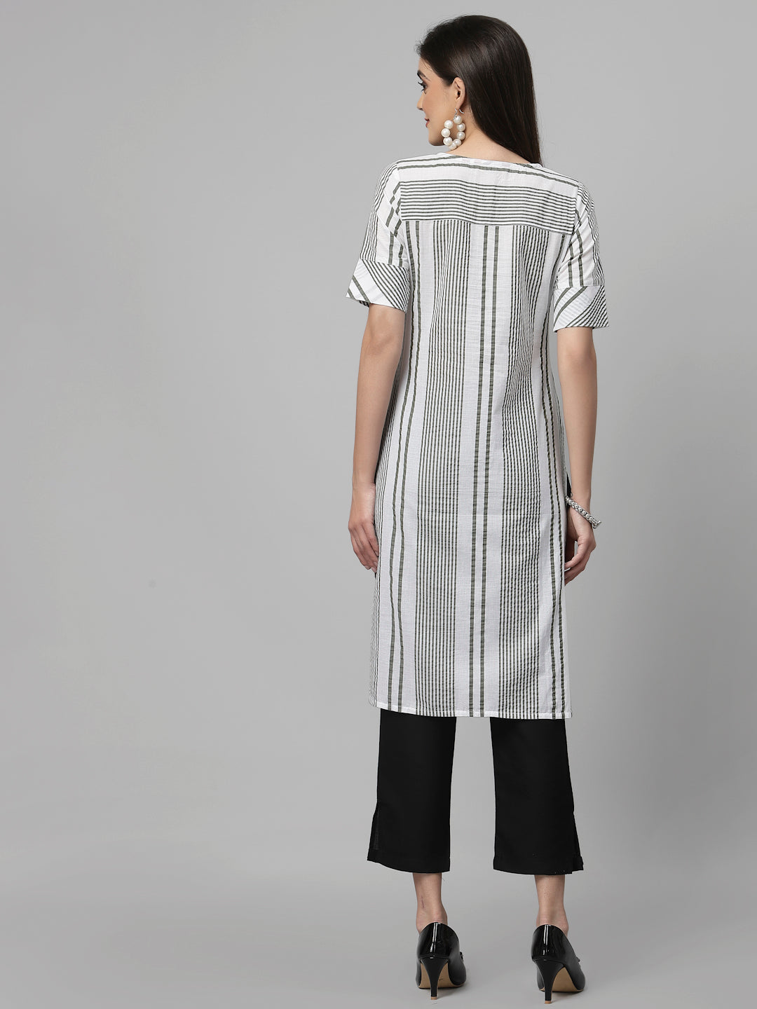 Women White & Olive Striped Cotton Knee Length Kurta - Kashyap Global Lifestyles LLP