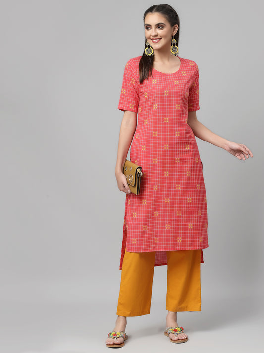 Women Rose Woven Design Checked High-Low Cotton Kurta - Kashyap Global Lifestyles LLP