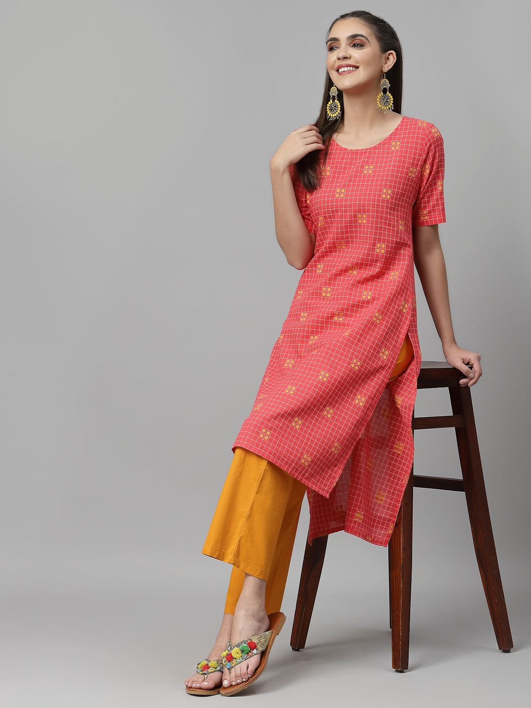Women Rose Woven Design Checked High-Low Cotton Kurta - Kashyap Global Lifestyles LLP