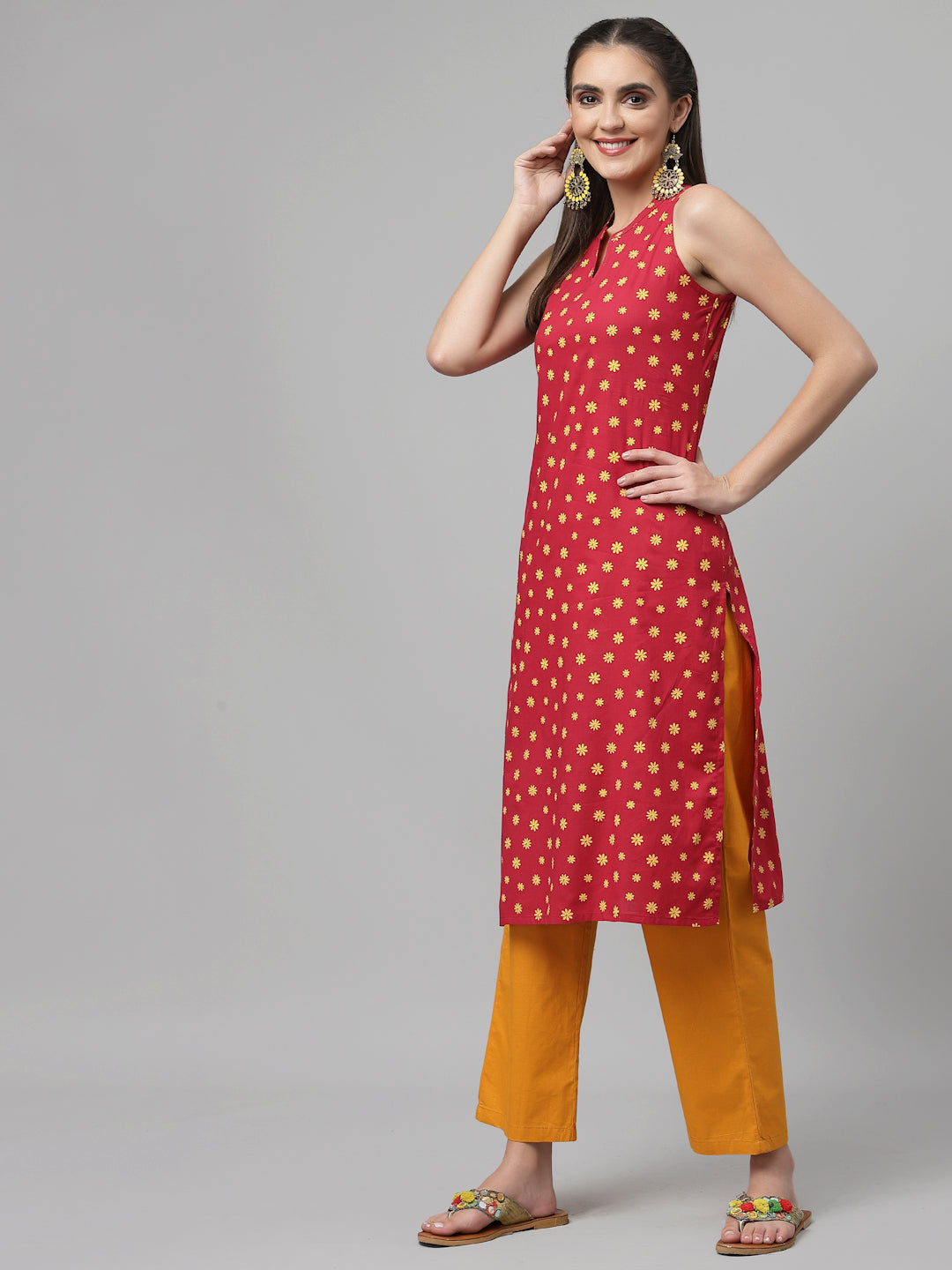 Women Dark Pink Cotton Sleeveless Kurta - Kashyap Global Lifestyles LLP