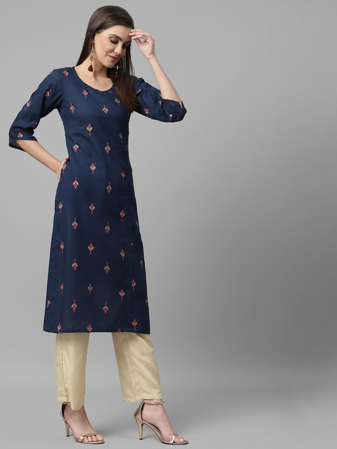 Women Navy Blue Ethnic Motifs Cotton Calf Length Kurta - Kashyap Global Lifestyles LLP