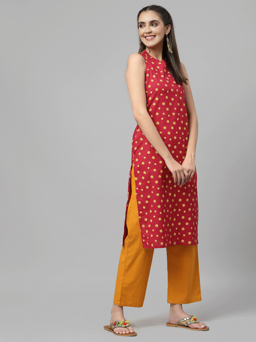 Women Dark Pink Cotton Sleeveless Kurta - Kashyap Global Lifestyles LLP