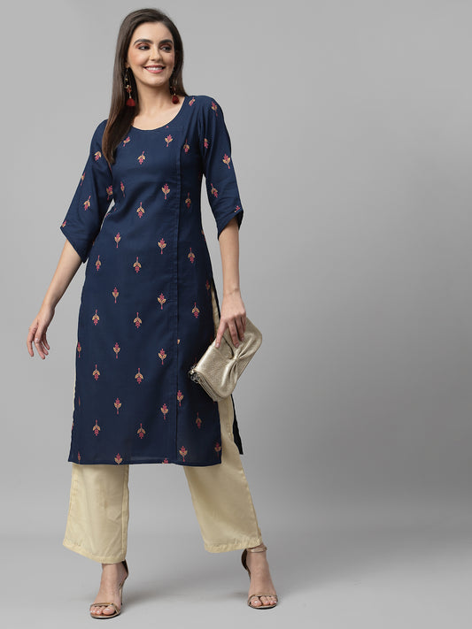 Women Navy Blue Ethnic Motifs Cotton Calf Length Kurta - Kashyap Global Lifestyles LLP