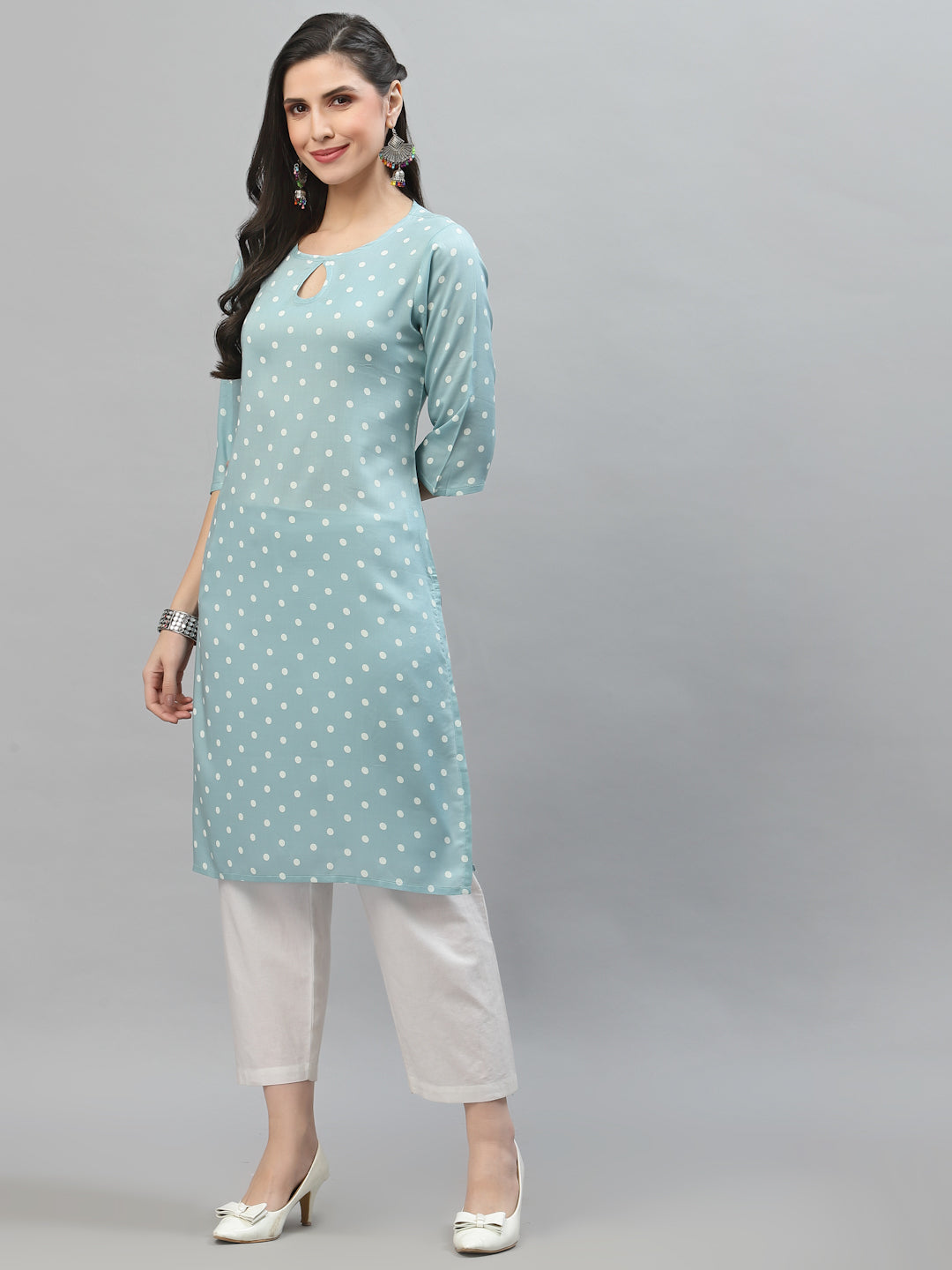 Women Polka Dot Kurta With Keyhole Neck - Kashyap Global Lifestyles LLP