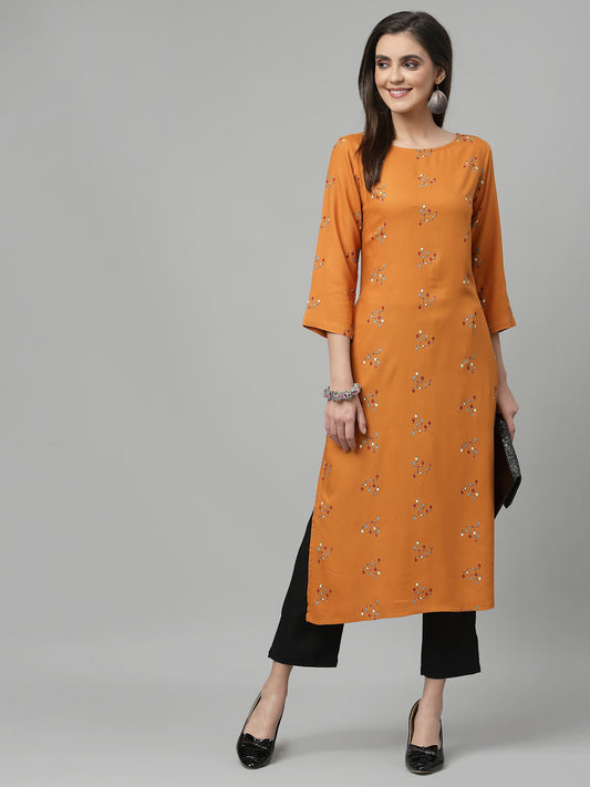 Women Orange Boat Neck Kurta - Kashyap Global Lifestyles LLP