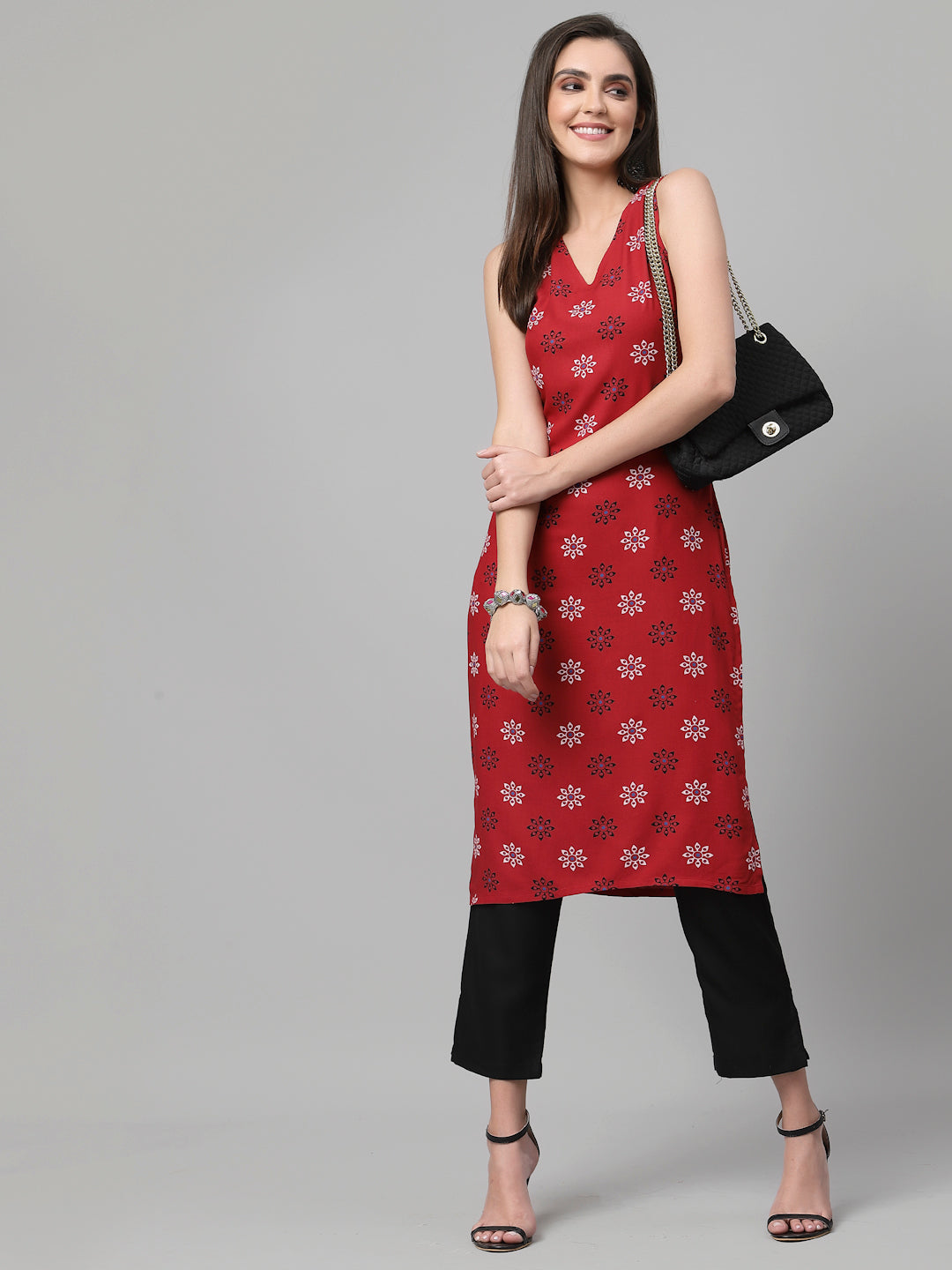 Women Red Printed Sleeveless Kurta - Kashyap Global Lifestyles LLP