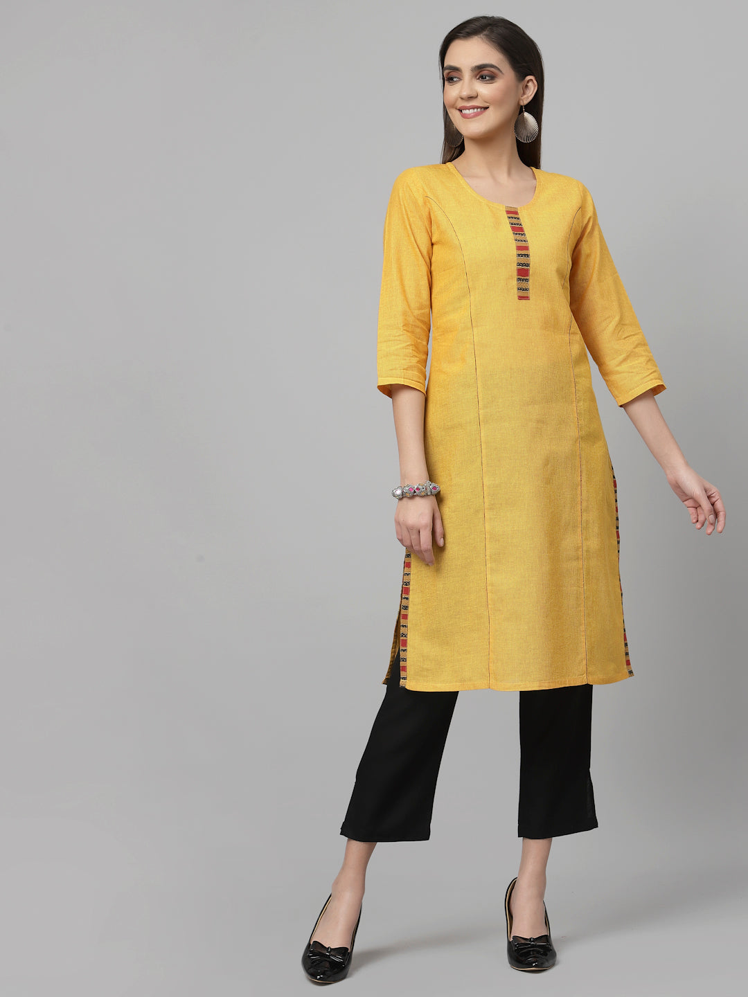 Women Mustard Cotton Striped Kurta - Kashyap Global Lifestyles LLP