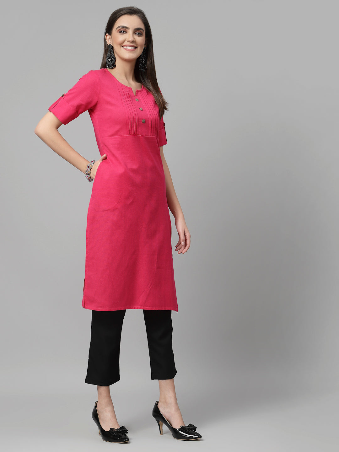 Women Dark Pink Cotton Solid Knee Length Kurta - Kashyap Global Lifestyles LLP