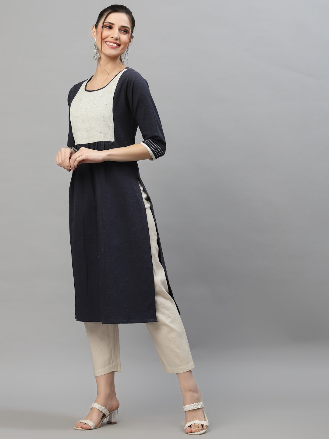 Women Navy Round Neck Flared Kurta - Kashyap Global Lifestyles LLP