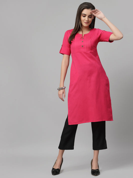 Women Dark Pink Cotton Solid Knee Length Kurta - Kashyap Global Lifestyles LLP
